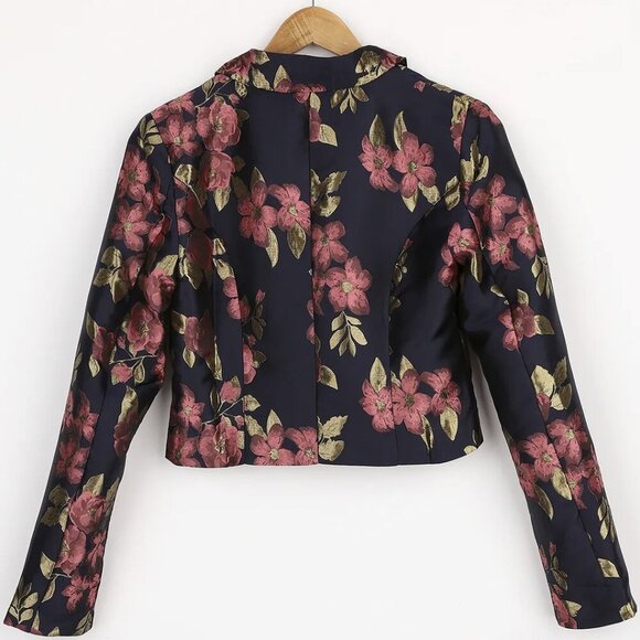 NWT Lulus Bloom Boldly Navy Blue Floral Satin Jacquard Cropped Blazer - Picture 6 of 11